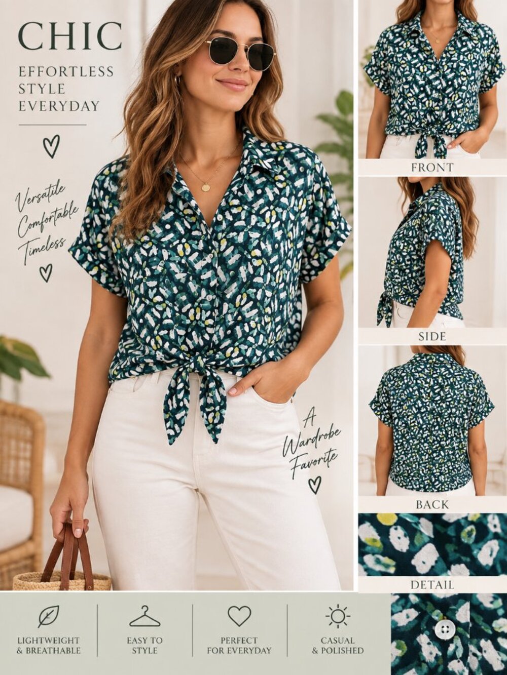 NWT Adrienne Vittadini Green & Black Patterned Button Down Shirt Size M